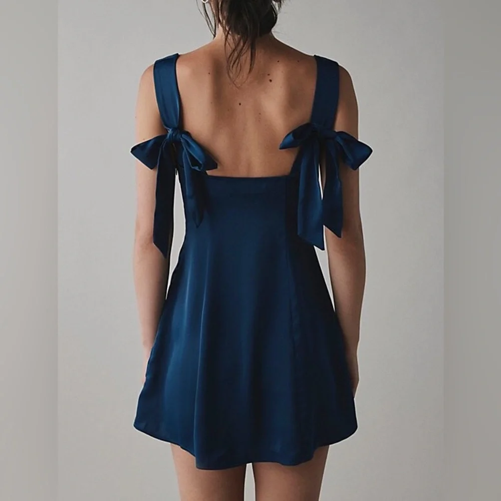 Urban Outfitters Bri Double Bow Satin Mini Dress in Blue - Picture 2 of 15